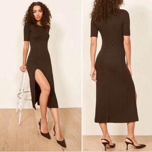 Reformation Black Midi Dress with Side Slit Olympia Ribbed Size M